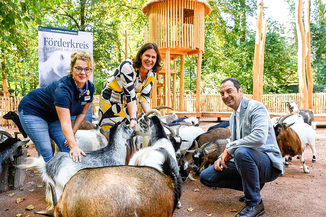 Förderkreis-Koordinatorin Stefanie Hofmann-Lund, Bürgermeister Verena Dietl und Tierparkdirektor Rasem Baban im Streichelgehege bei den Ziegen.