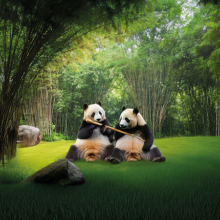 Große Pandas Zwei Große Pandas sitzen nebeneinander und essen Bambus.