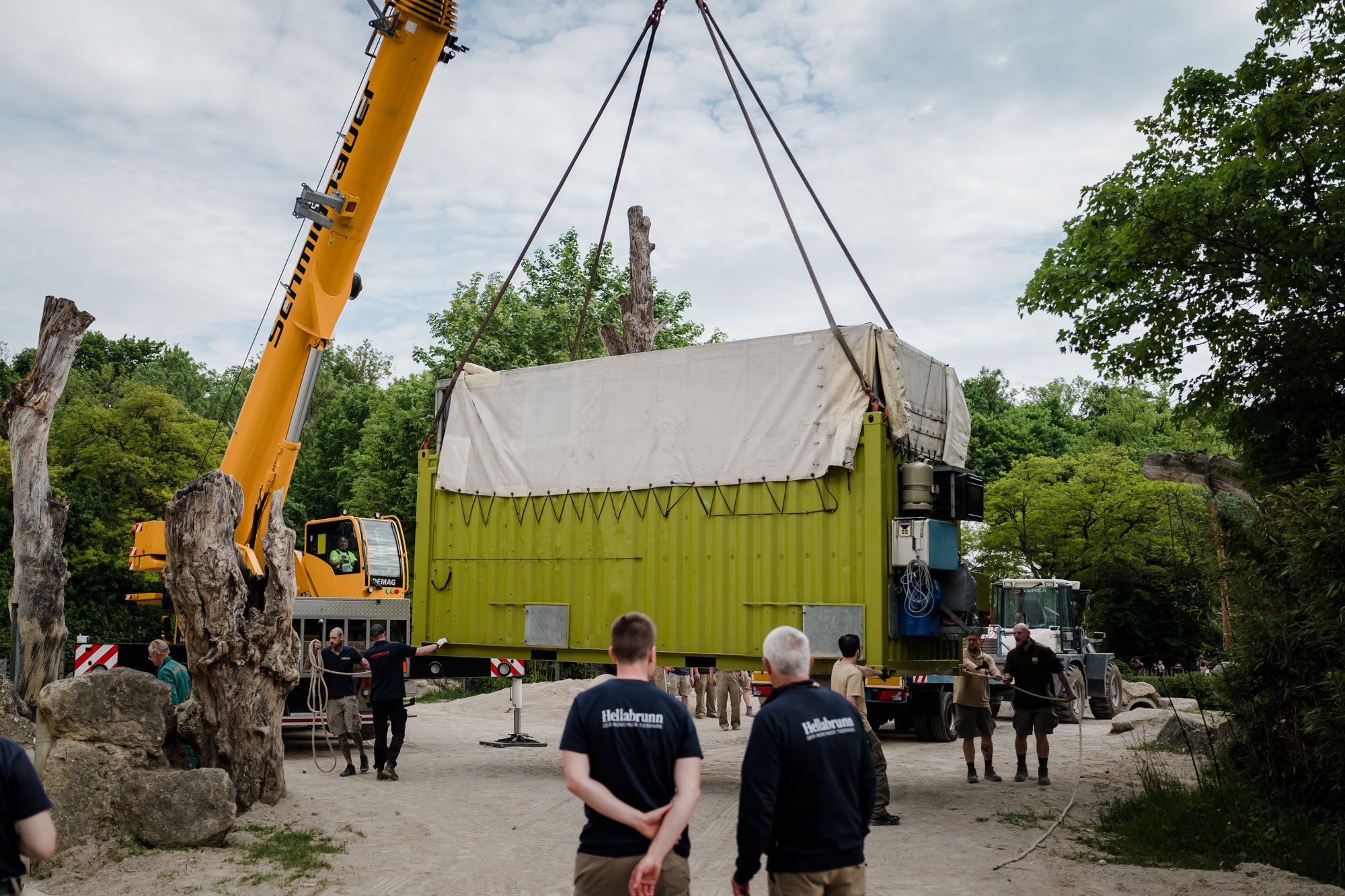 Der Transport-Container wird mit dem Kran an das Elefantenhaus angedockt (Foto: Jan Saurer).