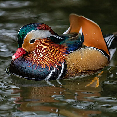 Das Bild zeigt eine Mandarinente im Tierpark Hellabrunn. Das Tier schwimmt im Wasser und zeigt sein buntes Gefieder.