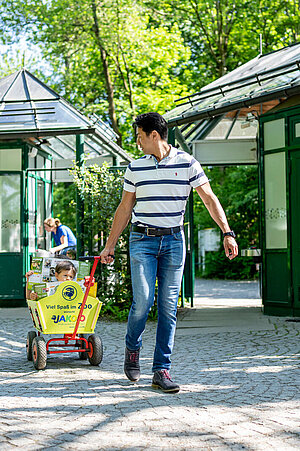 Ein Vater zieht seine beiden Kinder mit dem ausgeliehenen Bollerwagen.