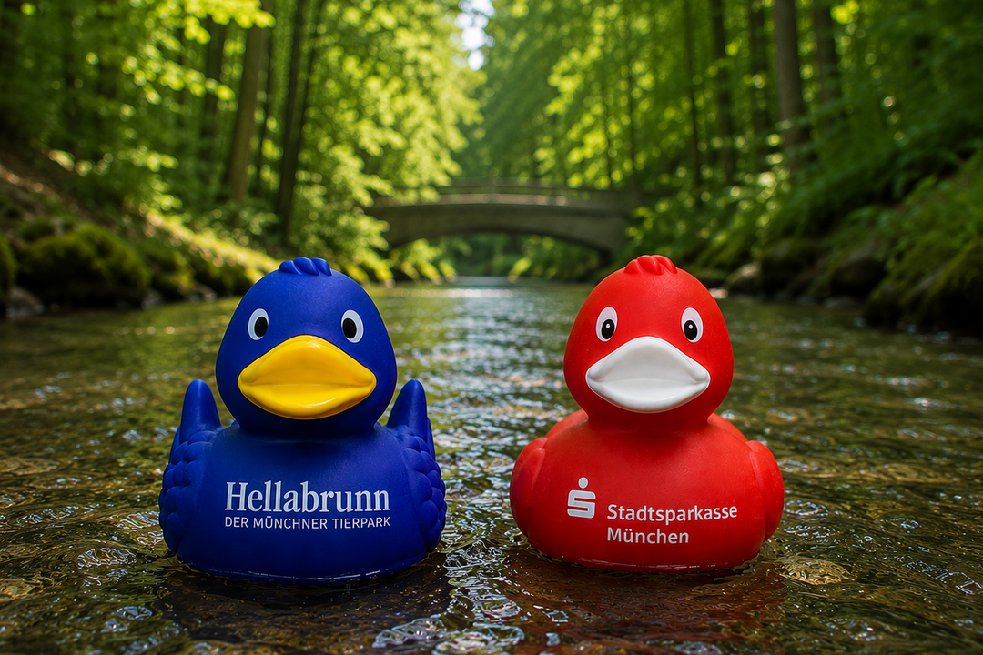 Zwei Rennenten schwimmen anlässlich des 115-jährigen Jubiläums von Hellabrunn auf dem Auer Mühlbach (KI-generierte Simulation)