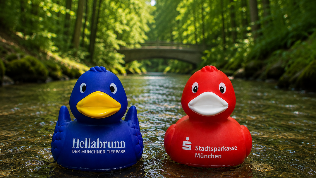 Zwei Rennenten schwimmen anlässlich des 115-jährigen Jubiläums von Hellabrunn auf dem Auer Mühlbach (KI-generierte Simulation)