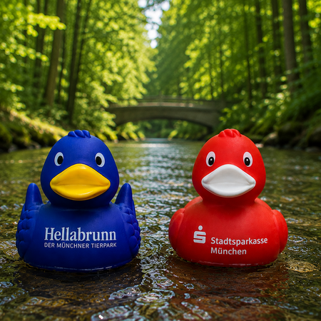 Zwei Rennenten schwimmen anlässlich des 115-jährigen Jubiläums von Hellabrunn auf dem Auer Mühlbach (KI-generierte Simulation)