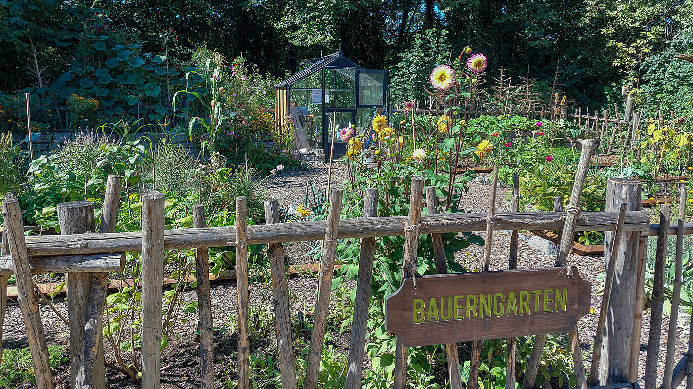 Bauerngarten mit Pflanzenbeeten