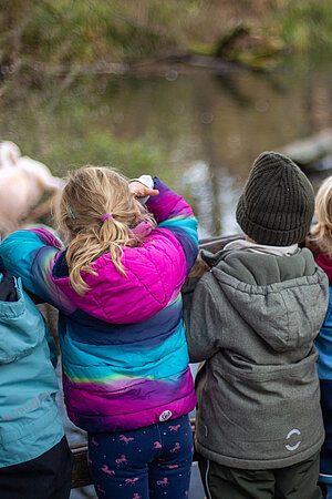 Mehrere Kinder beaobachten gespannt die rosa Flamingos